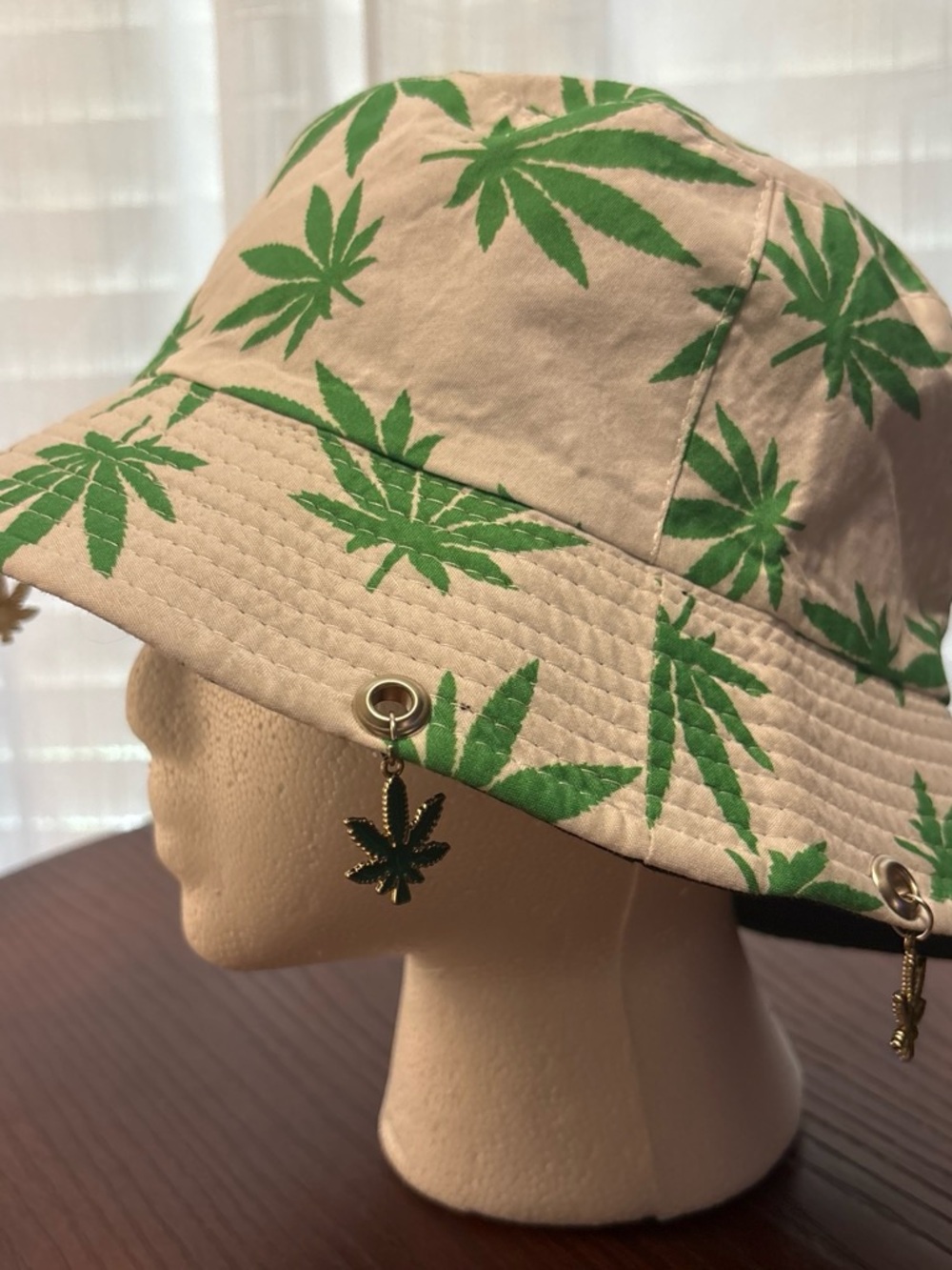 Beige Bucket Hat with Green Leaf Print - Fashion Women's Accessory